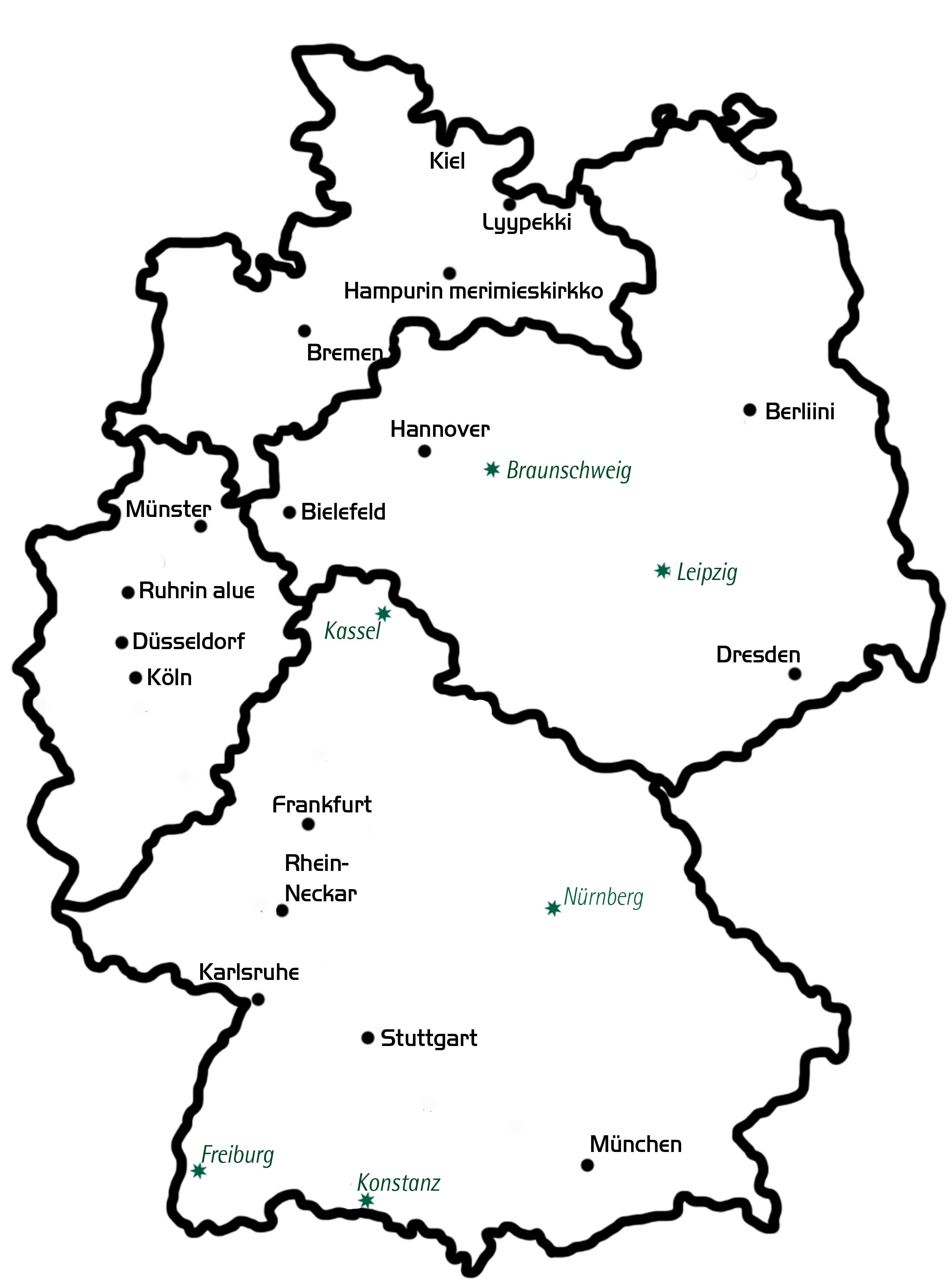 Eine Karte über die finnischen Gemeinden und Veranstaltungsorte in Deutschland