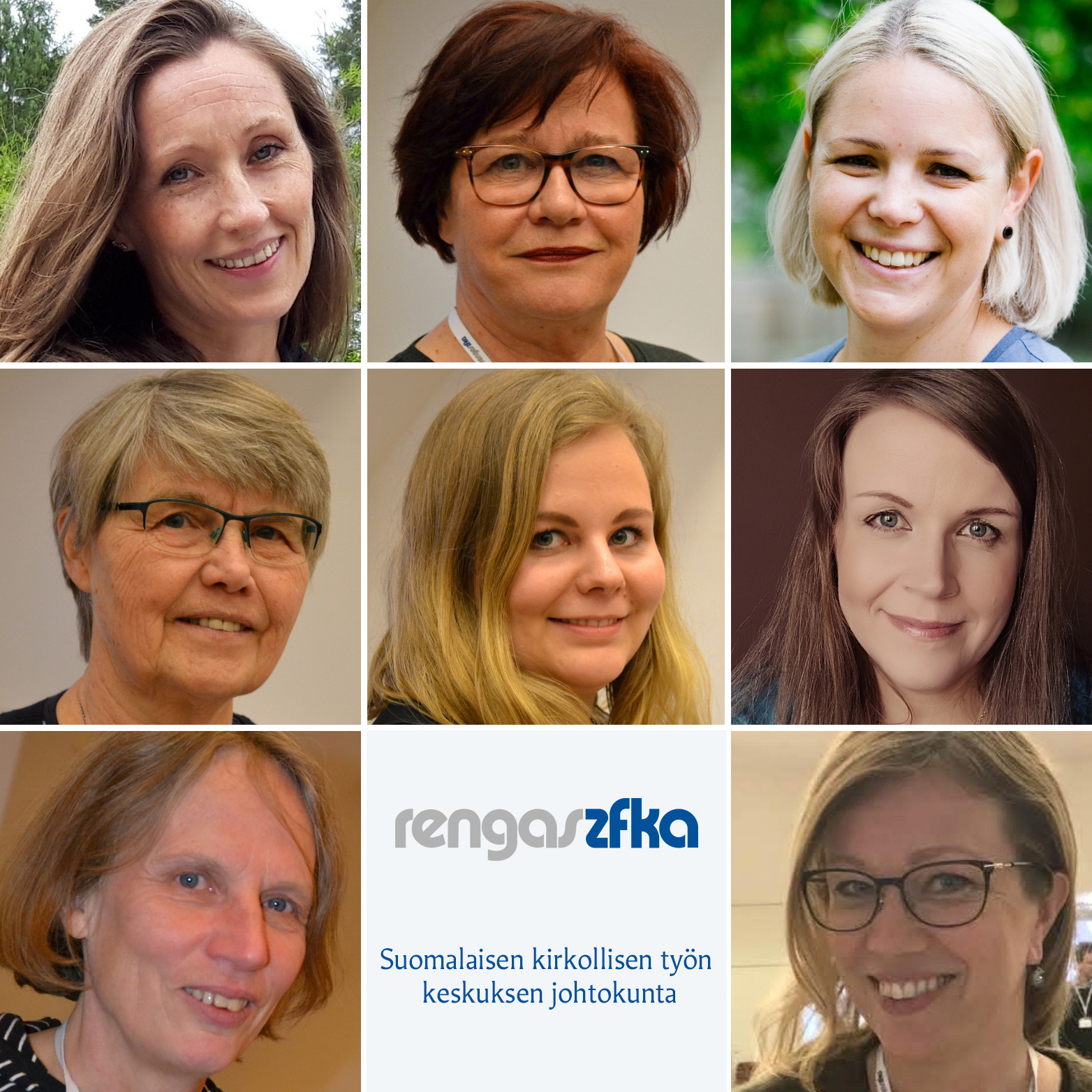 Einzelfotos von den 8 Vorstandsmitglieder sowie das Logo rengaszfka und der finnische Text Vorstand des Zen...